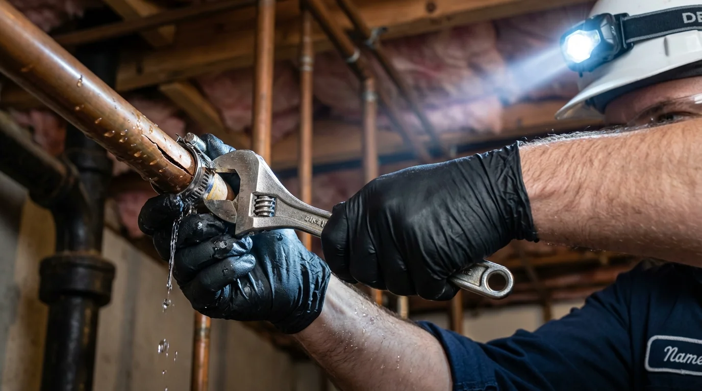 Emergency pipe clamp repair being performed by a Johns Plumbing LLC plumber in Creighton