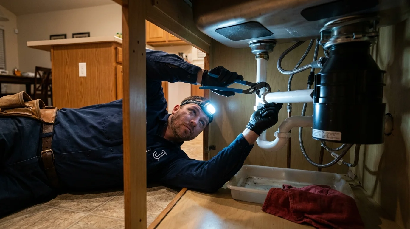 P-trap and supply line connections under a kitchen sink showing a common leak point in Creighton, NE